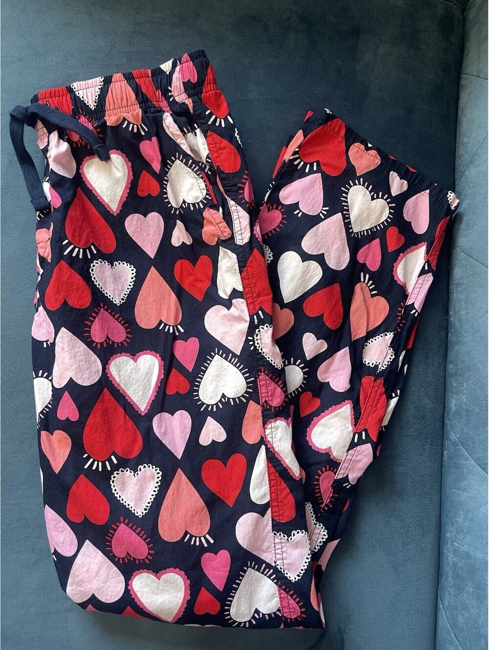 Old Navy Pajama Pants Sz S 100% Cotton Poplin Blue Pink Red Hearts Sleep Pockets
